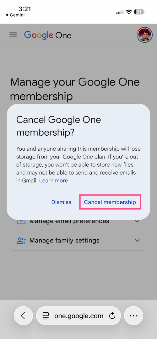 how to cancel gemini membership on iphone