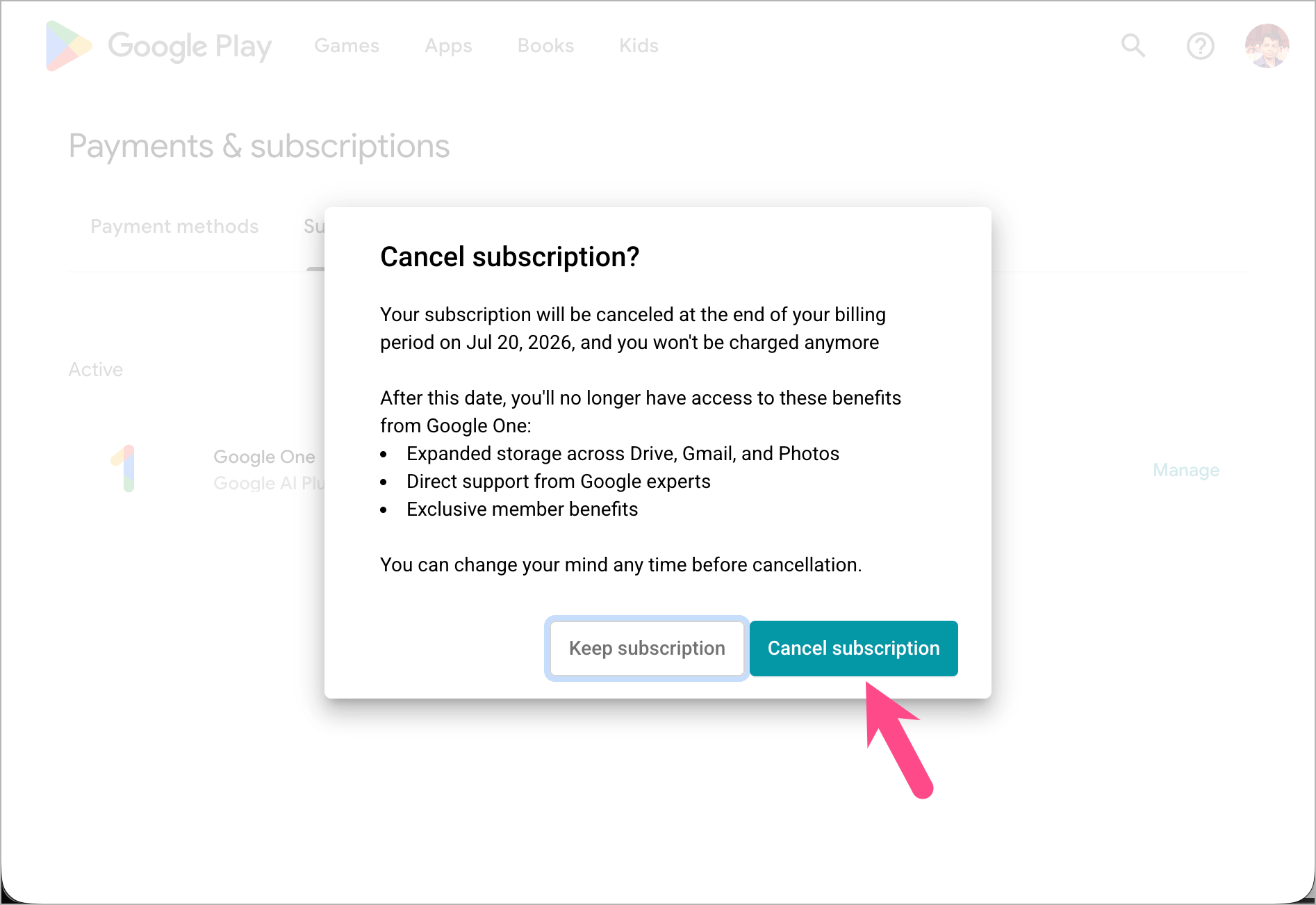 how to cancel google AI plus subscription on pc