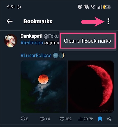 how to clear all bookmarks in X app at once on android