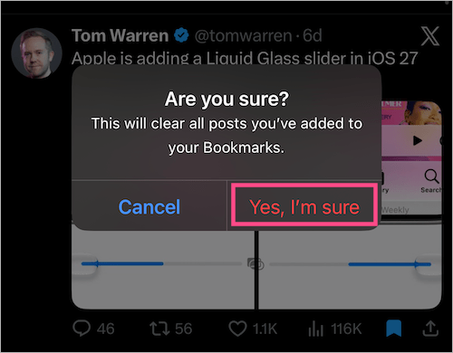 how to clear all bookmarks on x app