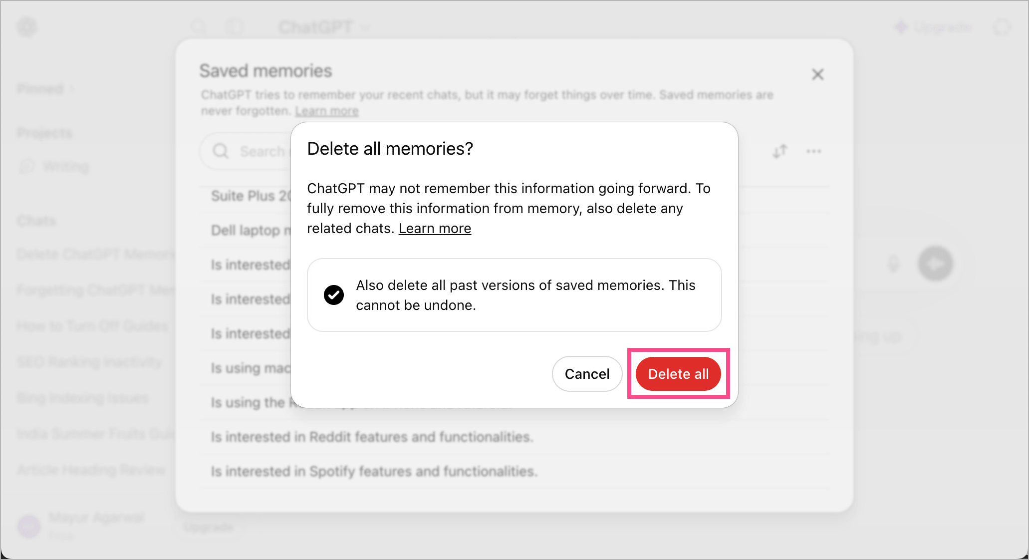 how to delete all memories from chatgpt