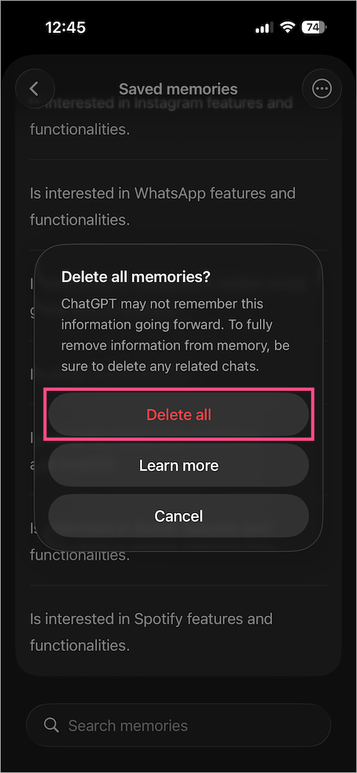 delete all saved chatgpt memories on phone