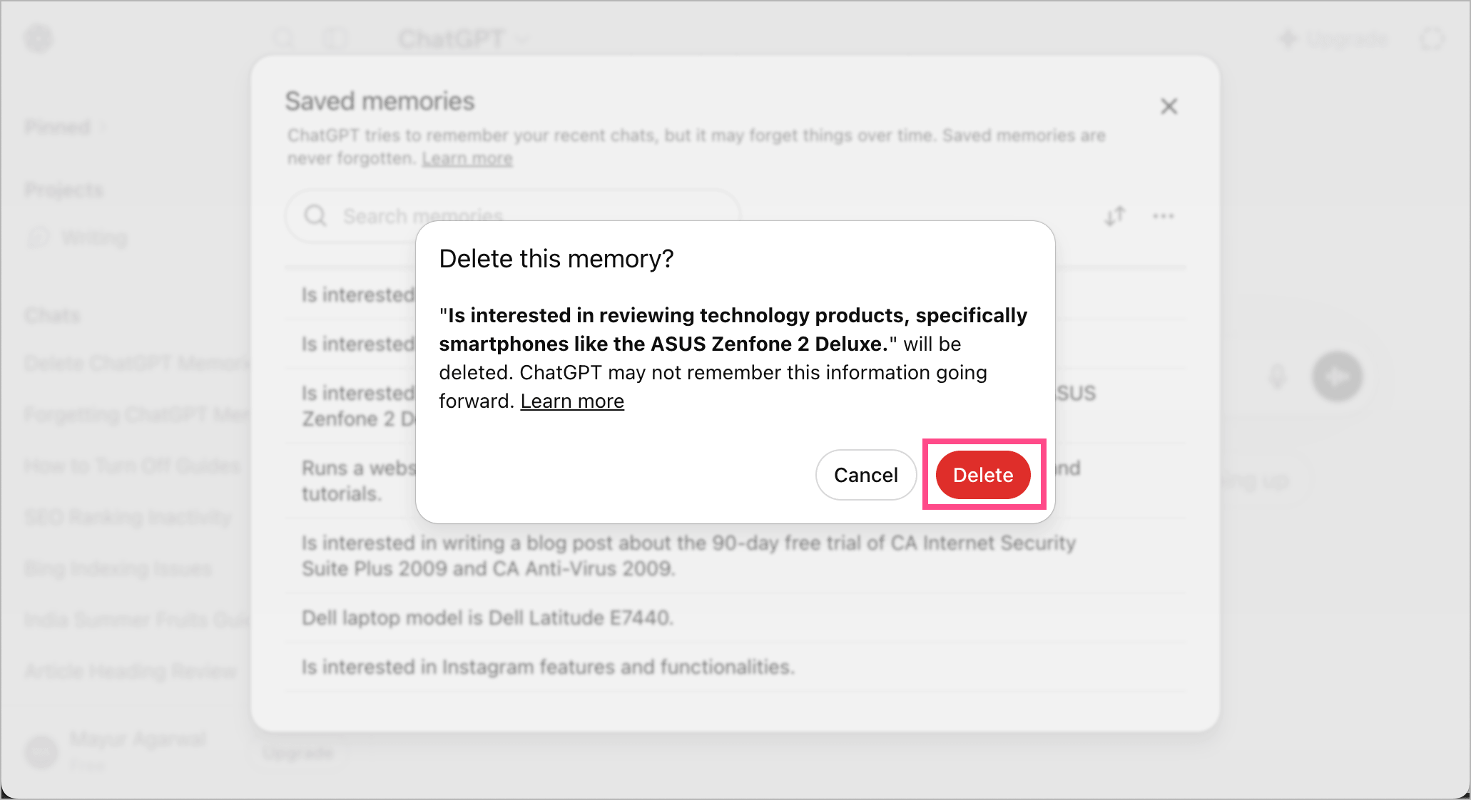 how to delete chatgpt memory on pc or laptop