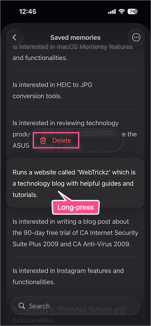 how to delete memories from ChatGPT app