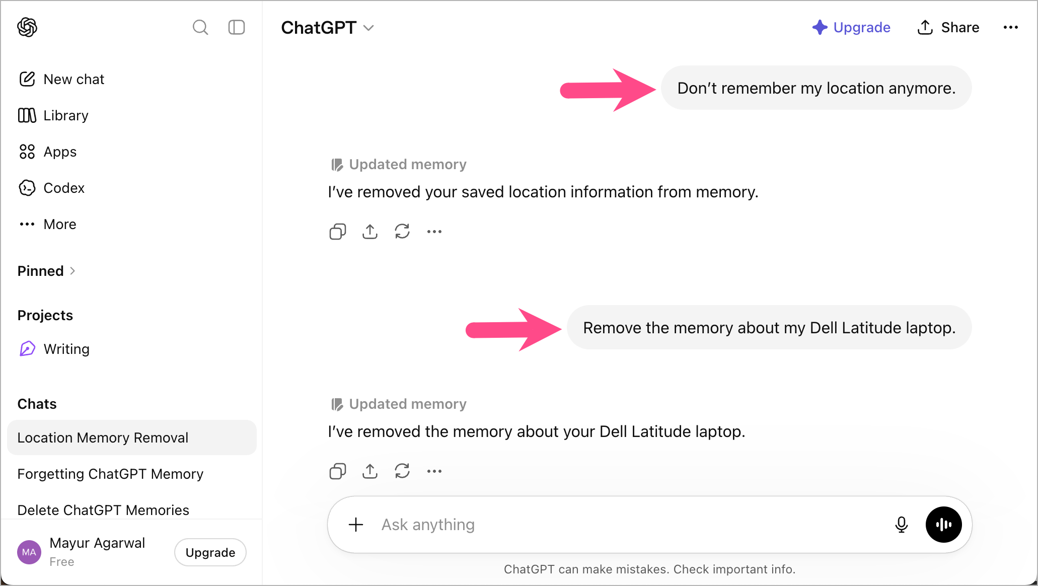 how to forget existing memories in chatgpt