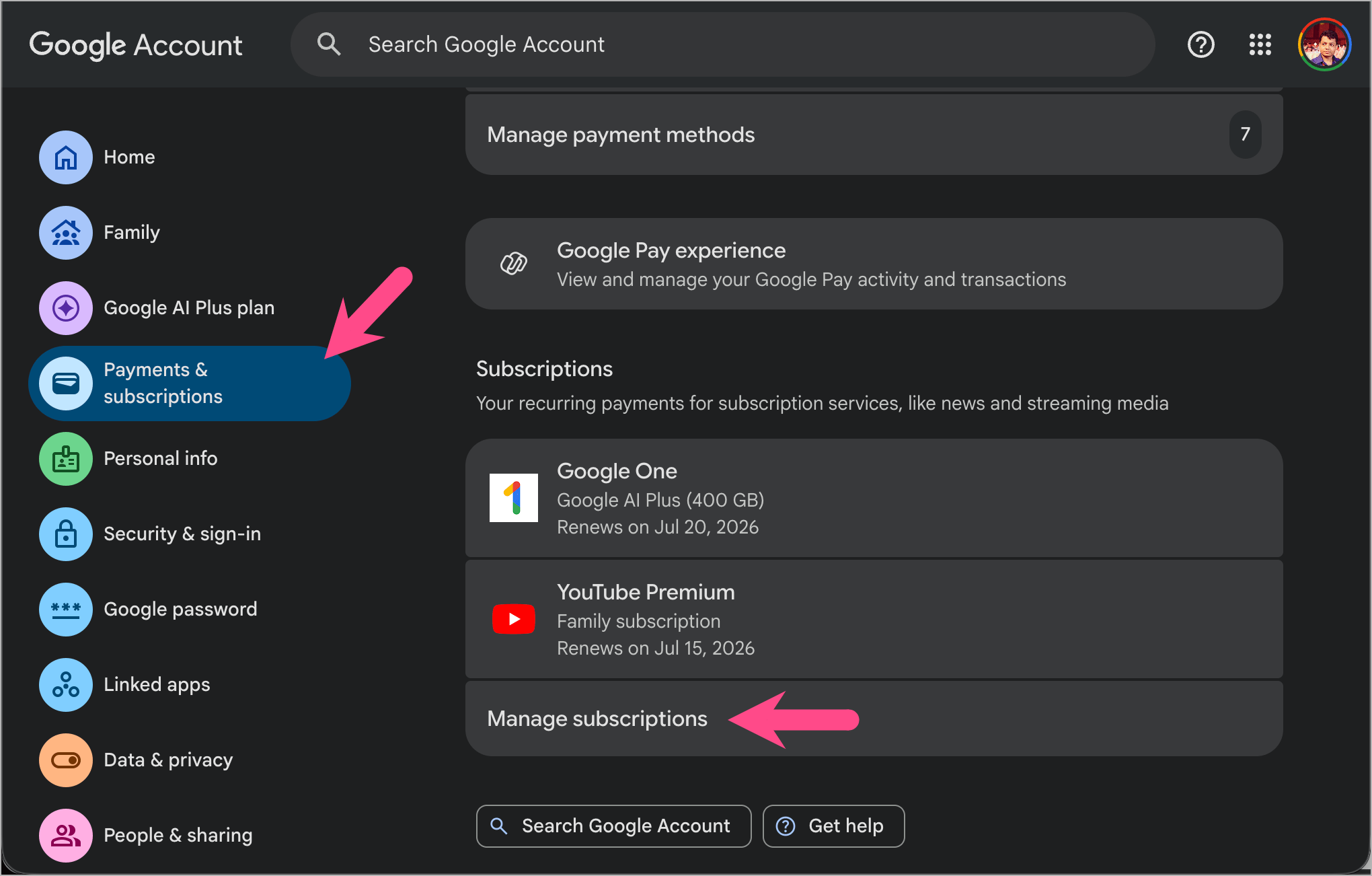manage Google AI subscriptions via your google account