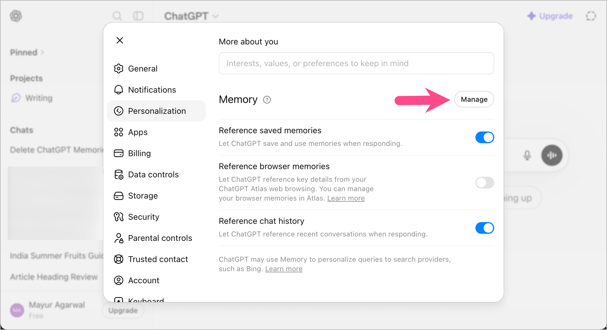 manage memories in chatgpt