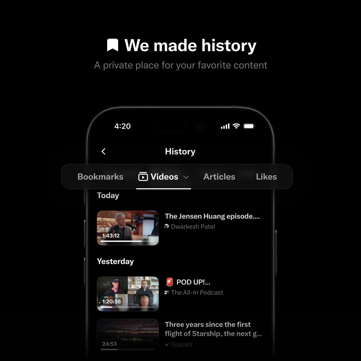 New History tab on X app for iPhone