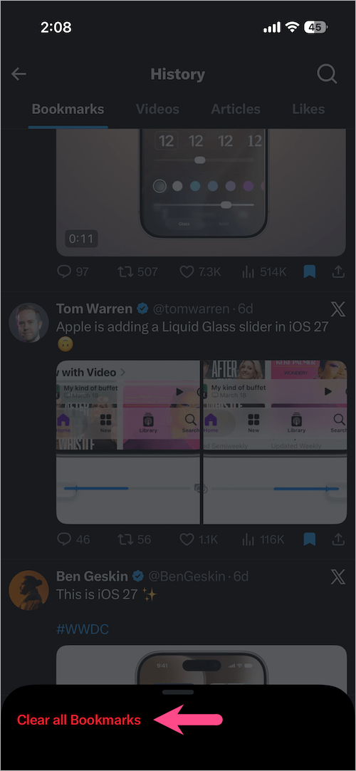 how to remove all bookmarks in X app on iphone