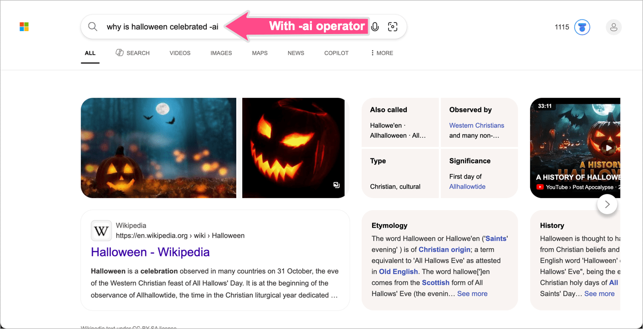 remove copilot results from bing search using -ai operator