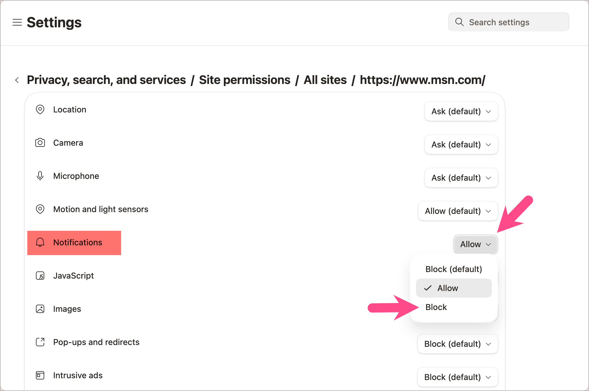 stop websites from sending notifications in edge