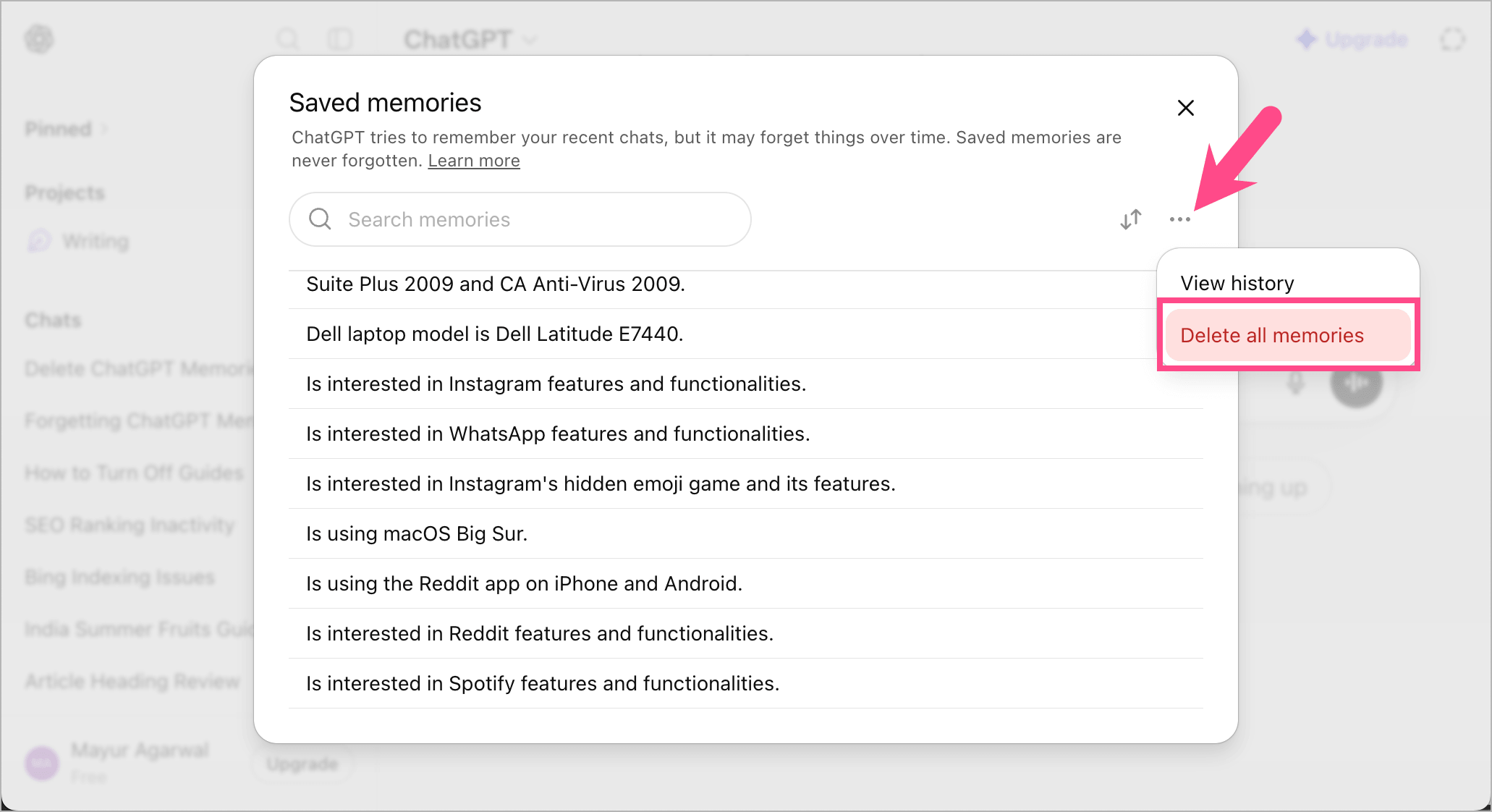 how to reset chatgpt memory