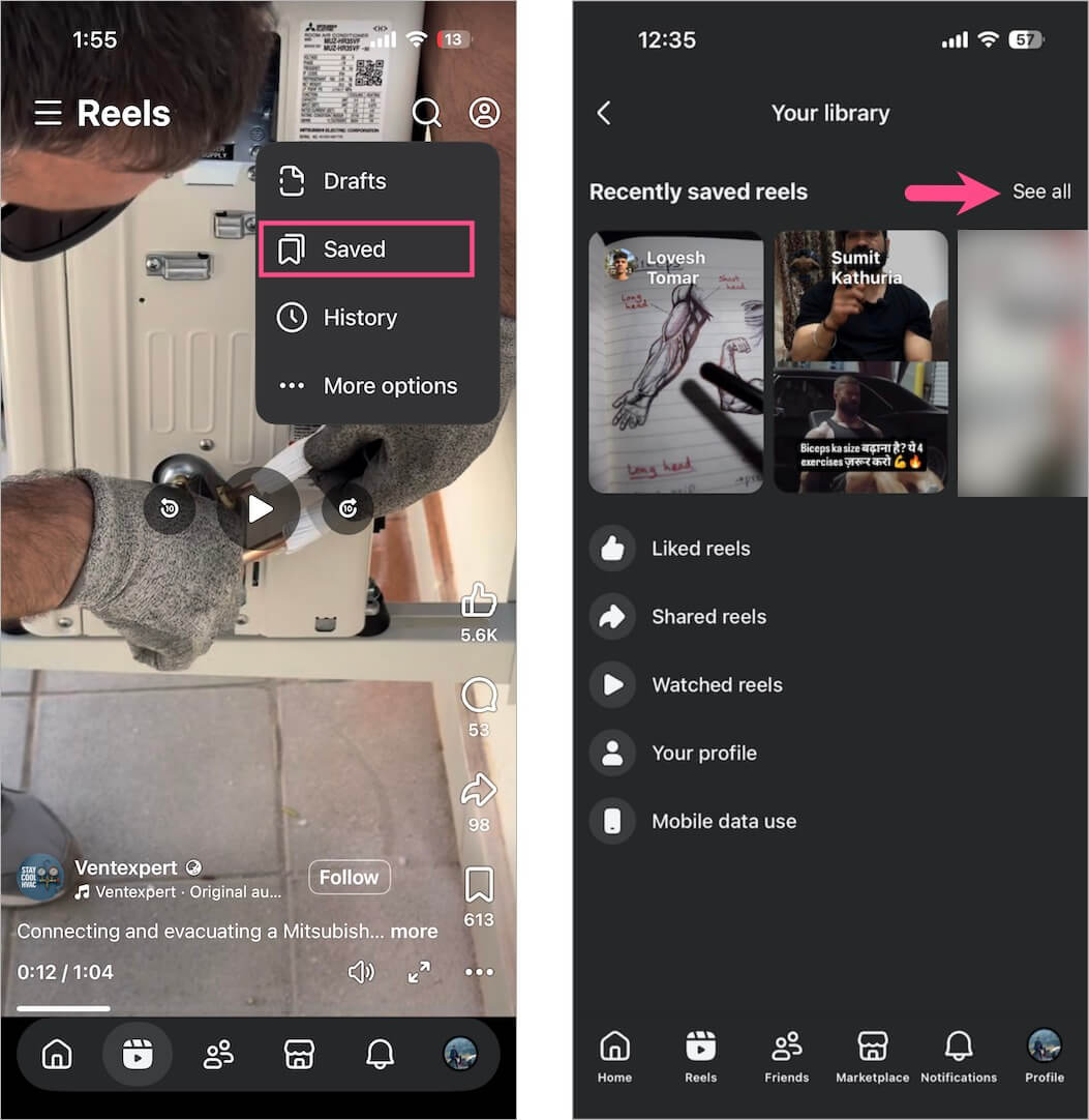 how to see your saved reels on Facebook app