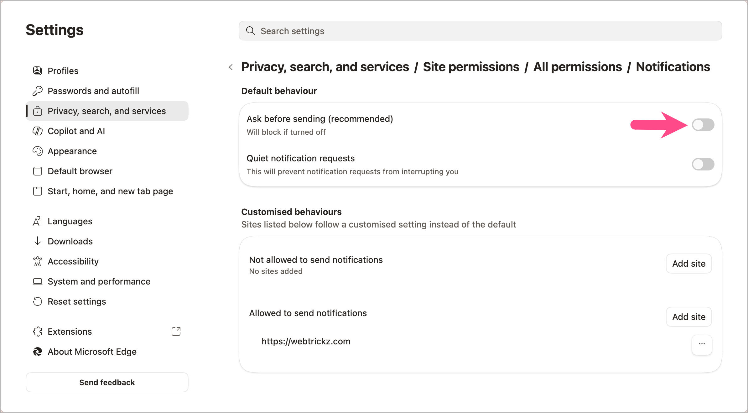 how to turn off website notifications in microsoft edge