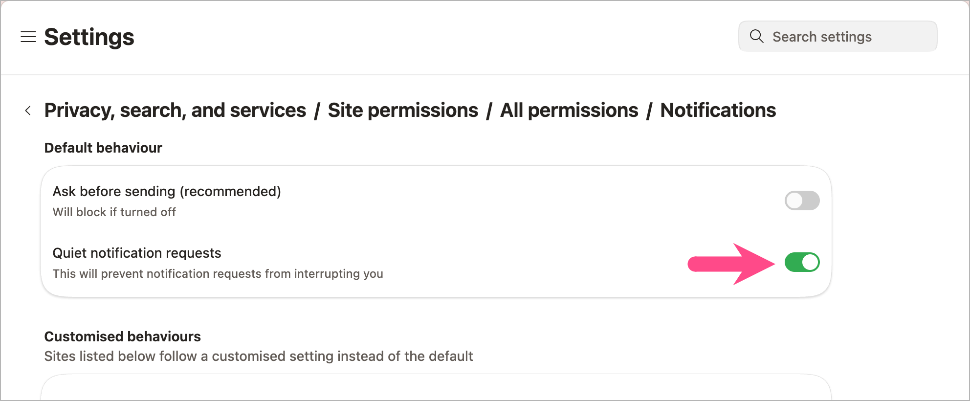 how to enable quiet notification requests in edge browser