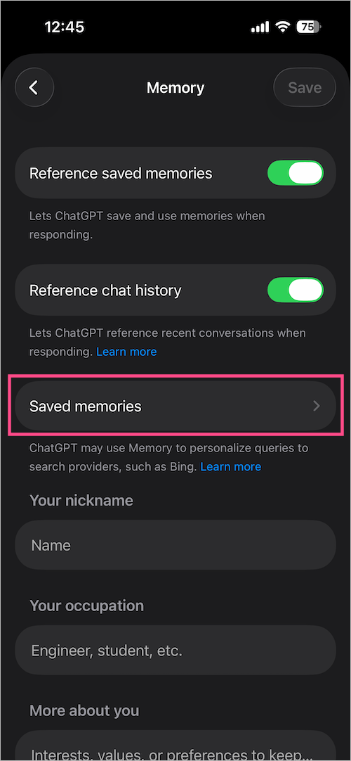 view saved memories in chatgpt app