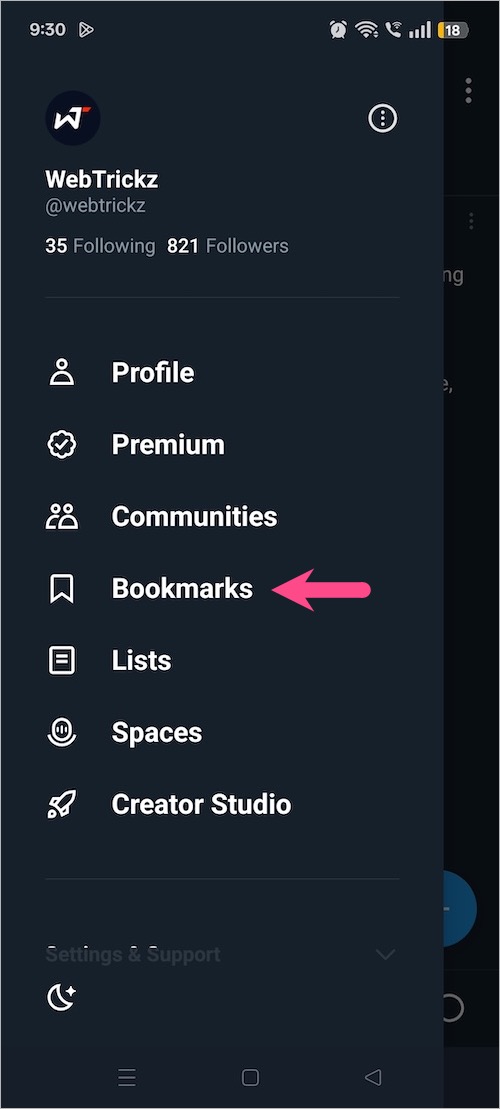how to find saved X bookmarks on android