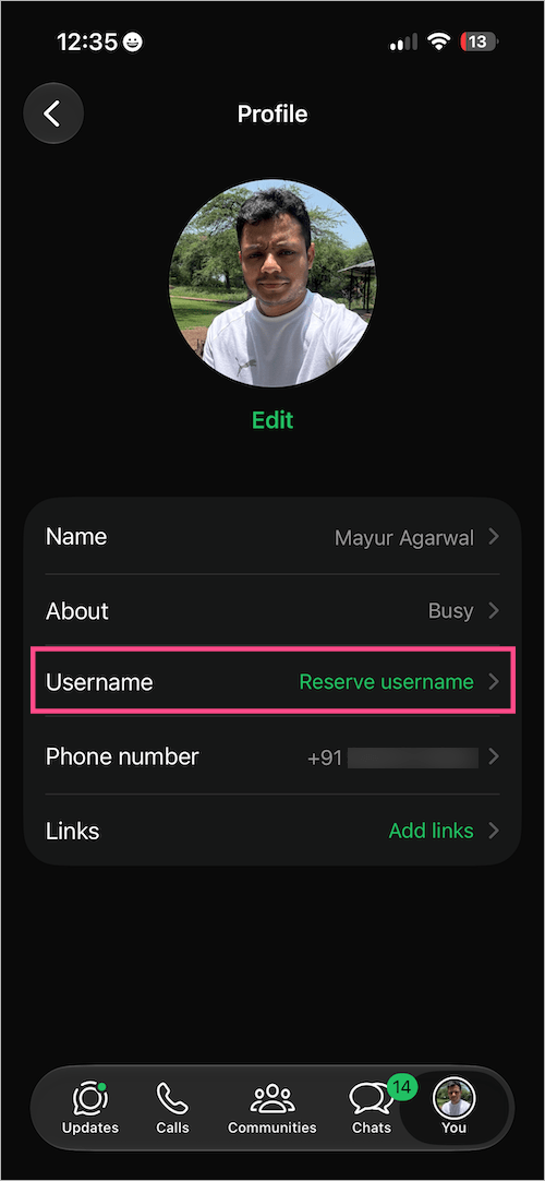 how to add a username to whatsapp