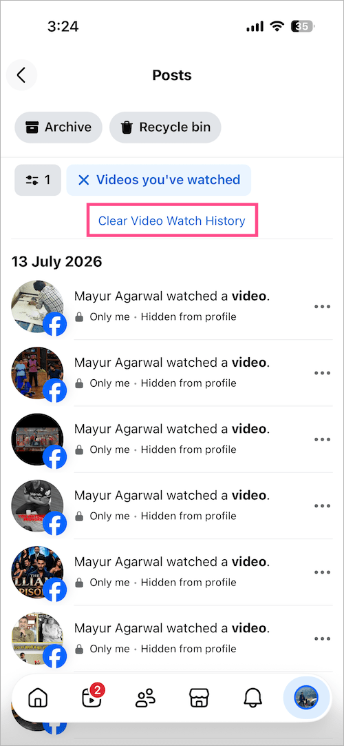 how to delete watched reels history on Facebook