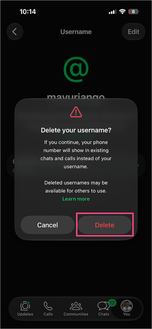 how to delete username on whatsapp
