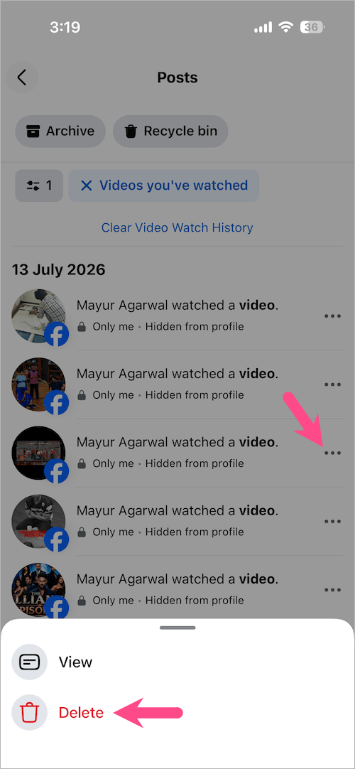 how to delete watched reels on facebook app
