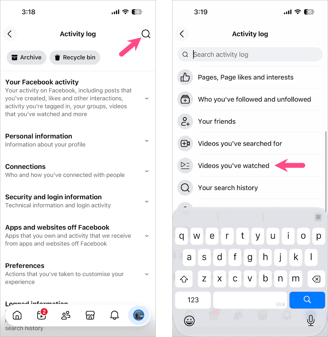 view reels watch history in facebook app