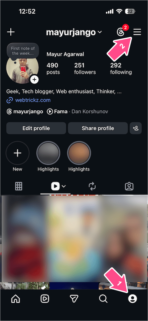 Menu tab in instagram app