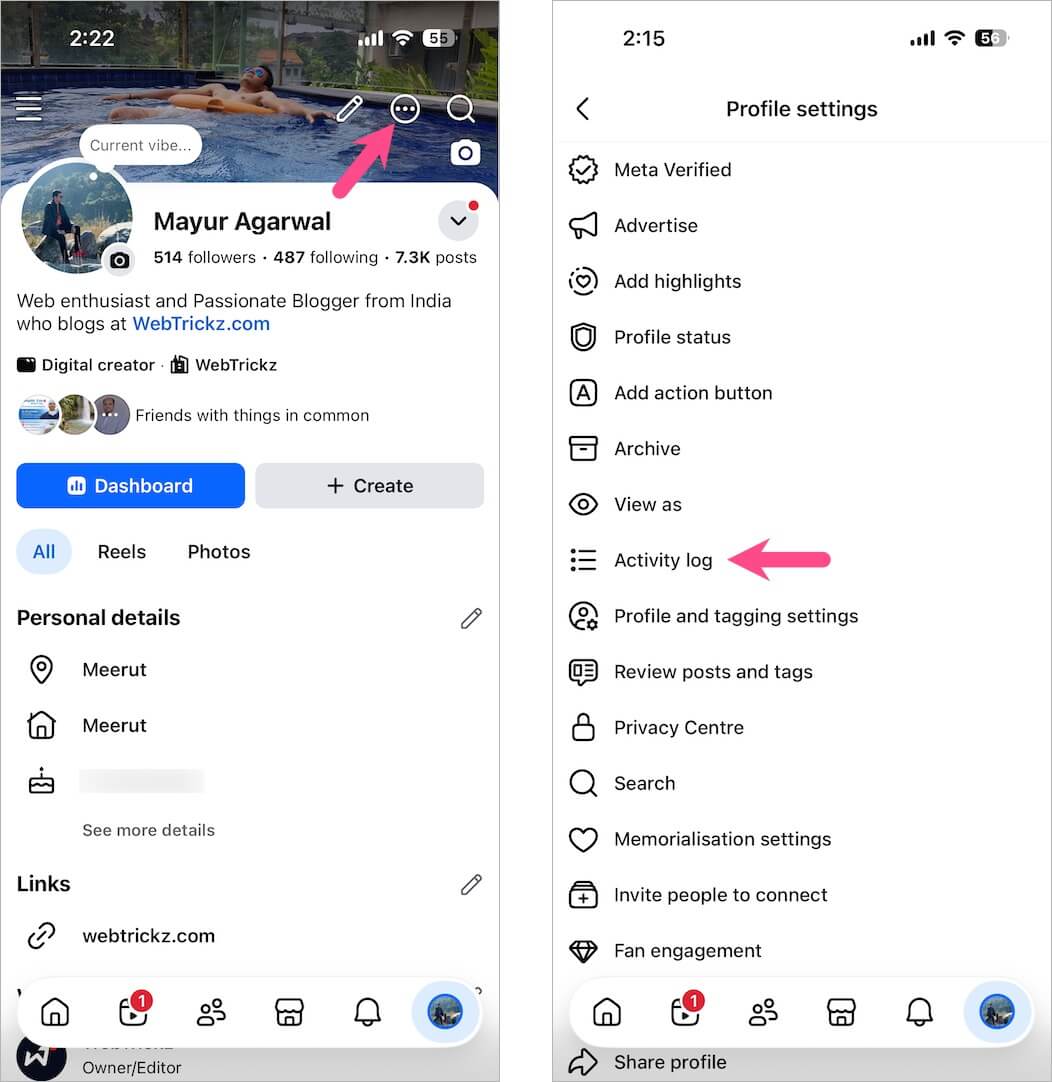 how to view activity log on facebook app