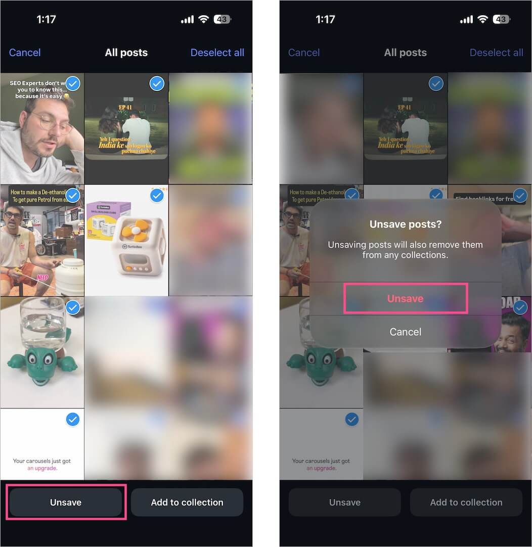 how to delete all saved reels on instagram at once on iphone