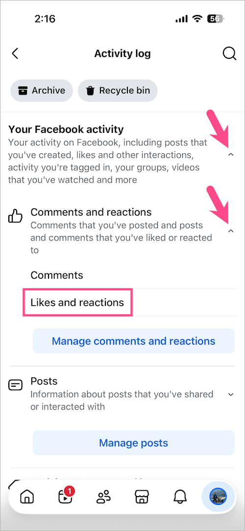 view likes and reactions in activity log on facebook app
