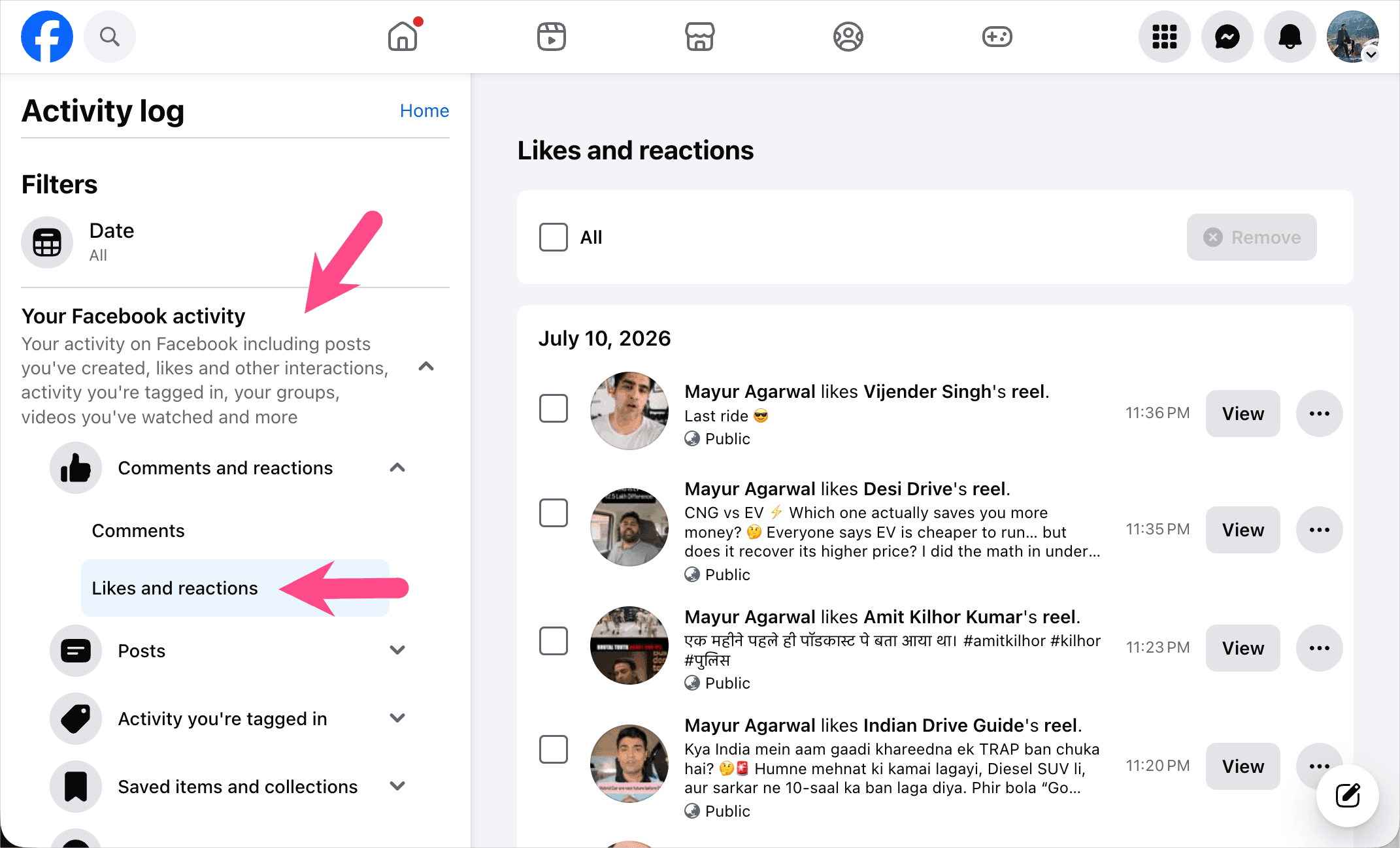 how to view your liked facebook reels on desktop