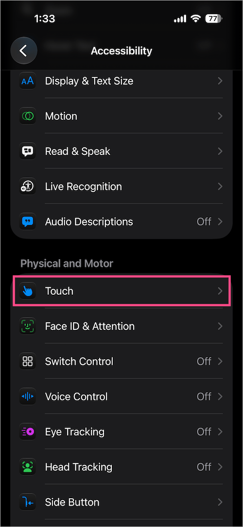 Touch settings under Accessibility on iPhone