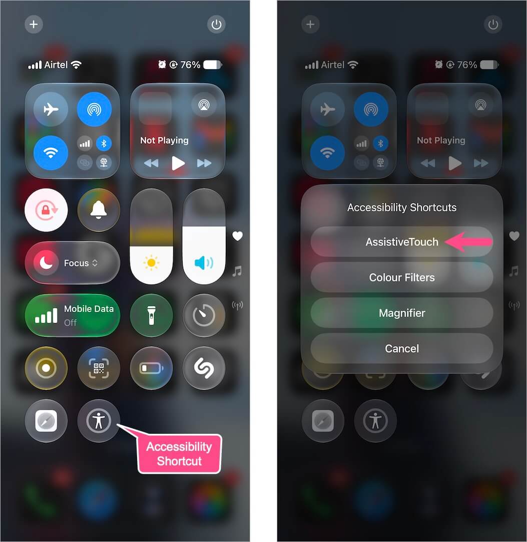 Turn AssistiveTouch on or off from Control Center on iPhone