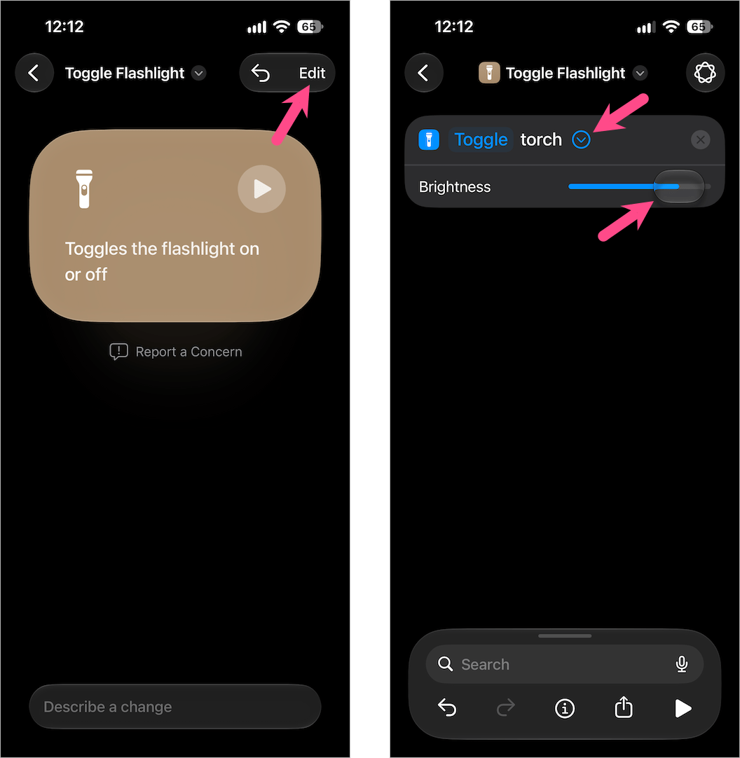 Edit the generated flashlight shortcut and adjust its brightness