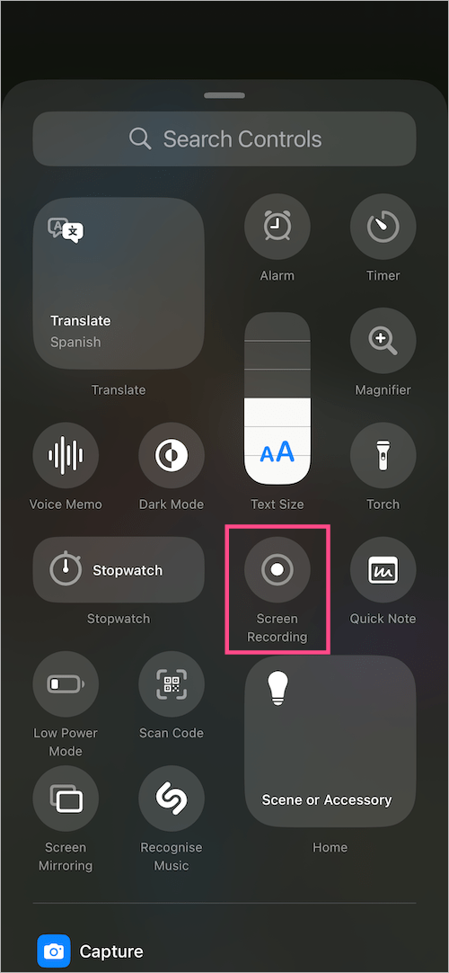 Add screen recording control to Control Center on iPhone 18 Pro Max