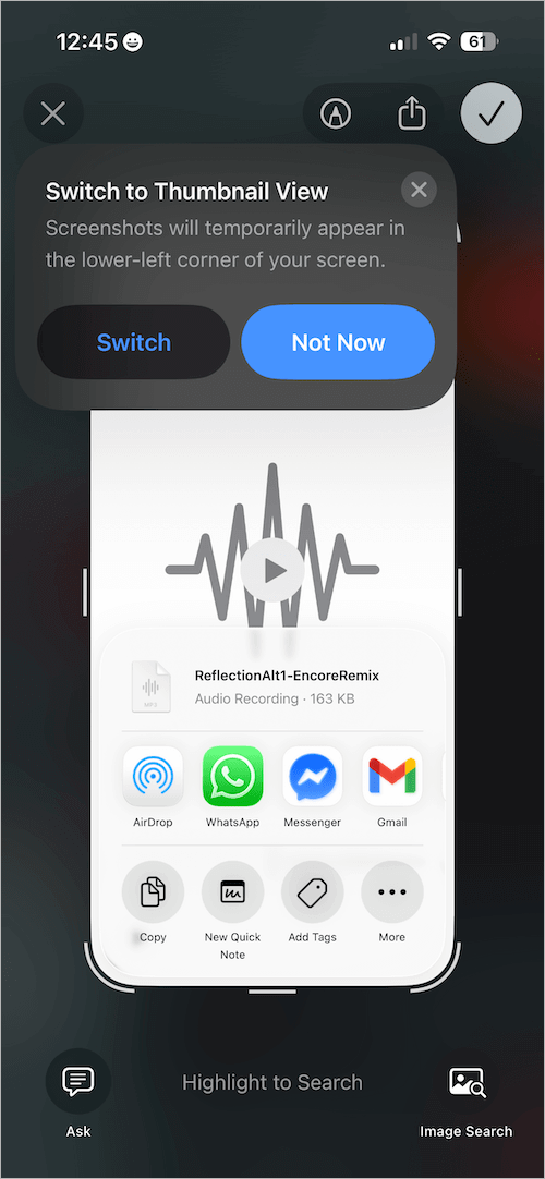 Full-screen screenshot preview in ios 27