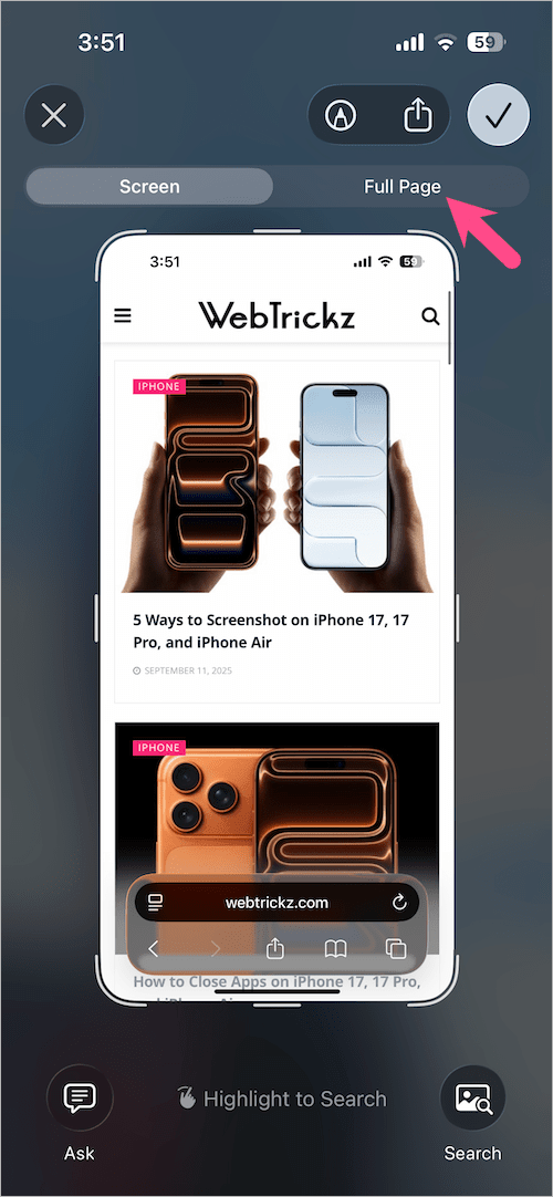 taking full page screenshots on iphone 18 pro